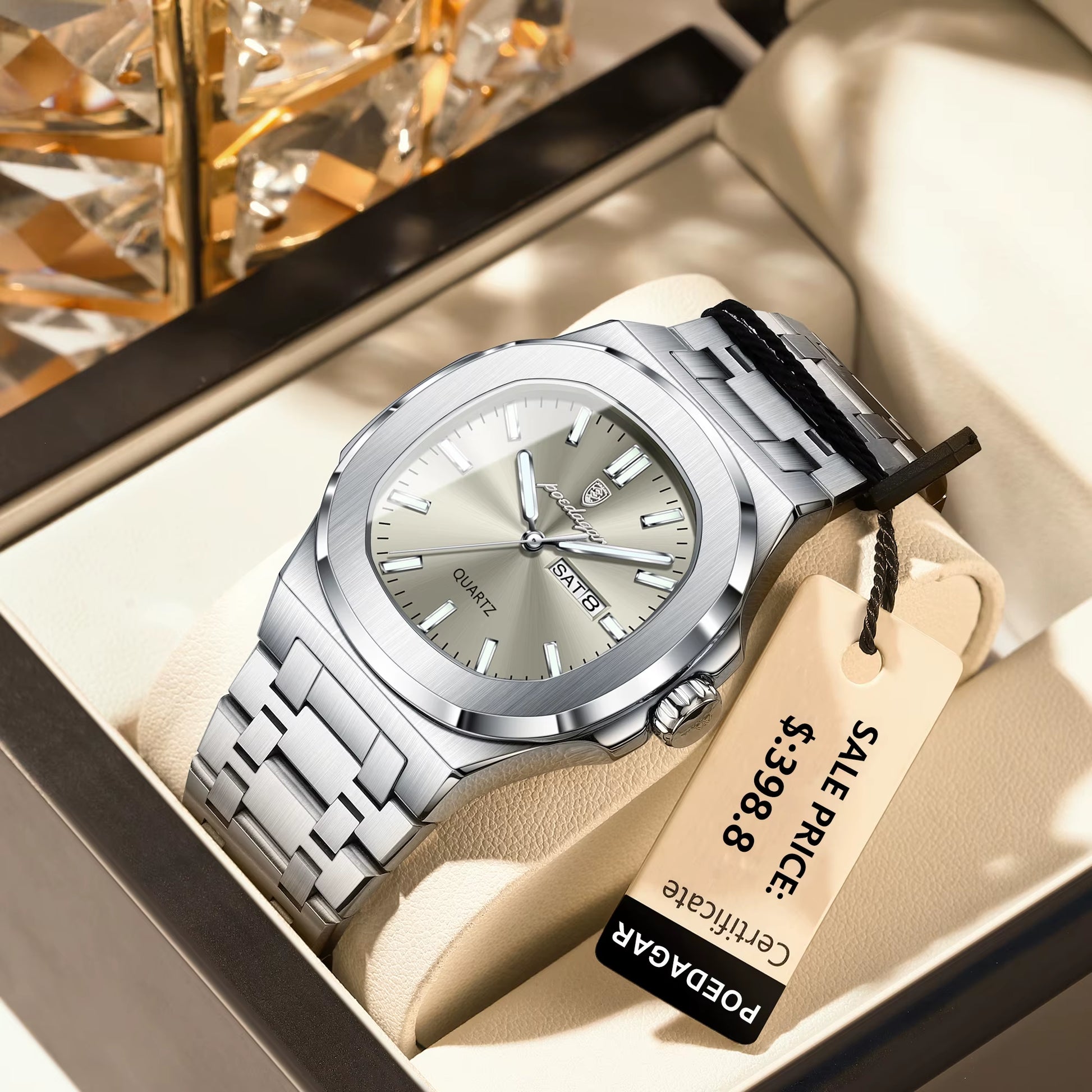 Fashion Square Men Clock Waterproof Luminous Date Week Man Wristwatch High Quality Stainless Steel Quartz Men'S Watches