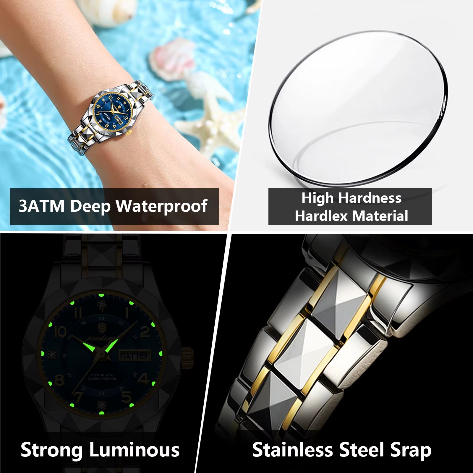 Luxury Women'S Watches Waterproof Luminous Date Week Ladies Watch for Female Quartz Stainless Steel Dress Women Watch