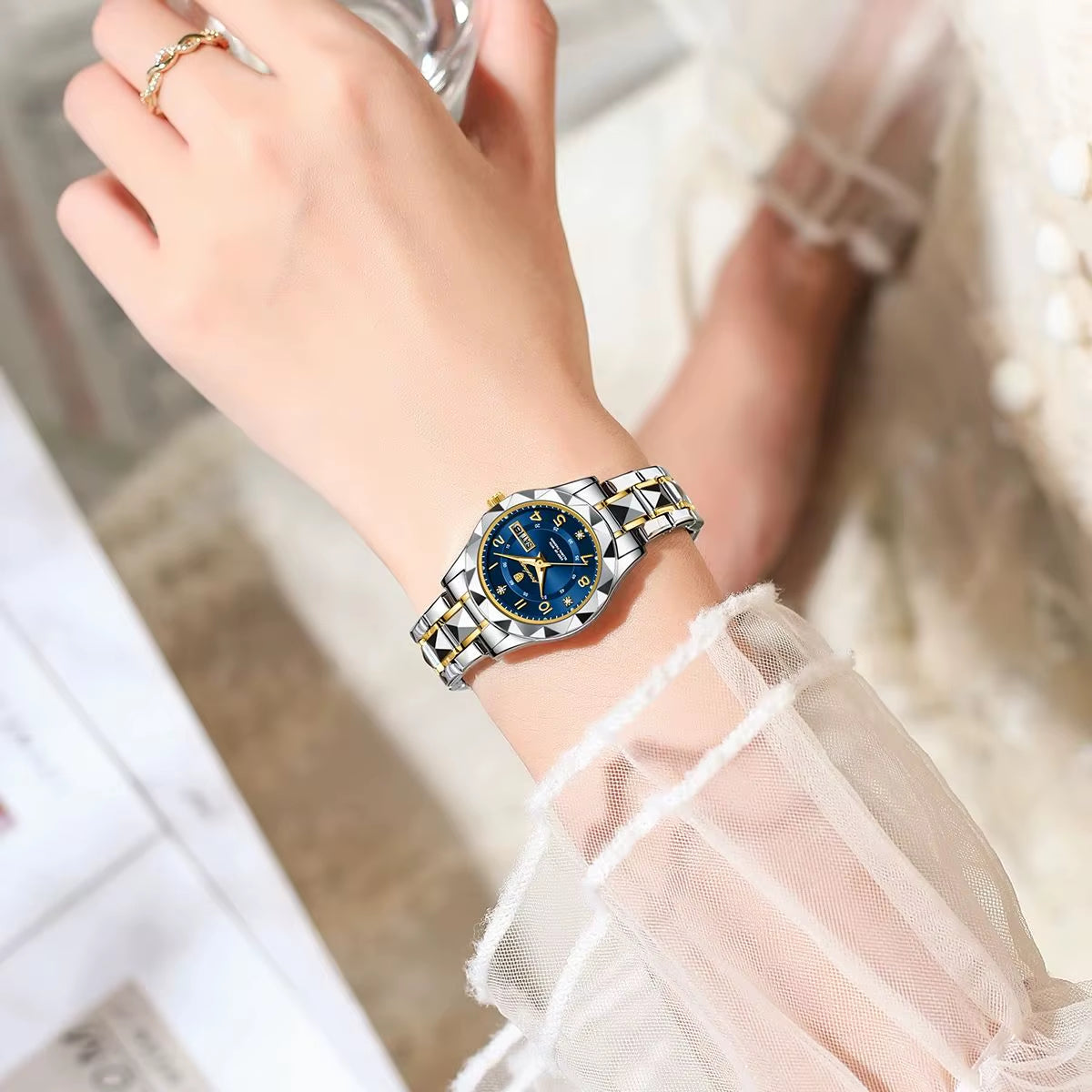Luxury Women'S Watches Waterproof Luminous Date Week Ladies Watch for Female Quartz Stainless Steel Dress Women Watch