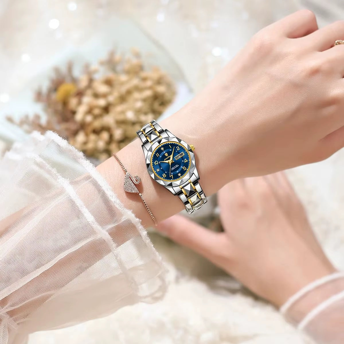 Luxury Women'S Watches Waterproof Luminous Date Week Ladies Watch for Female Quartz Stainless Steel Dress Women Watch