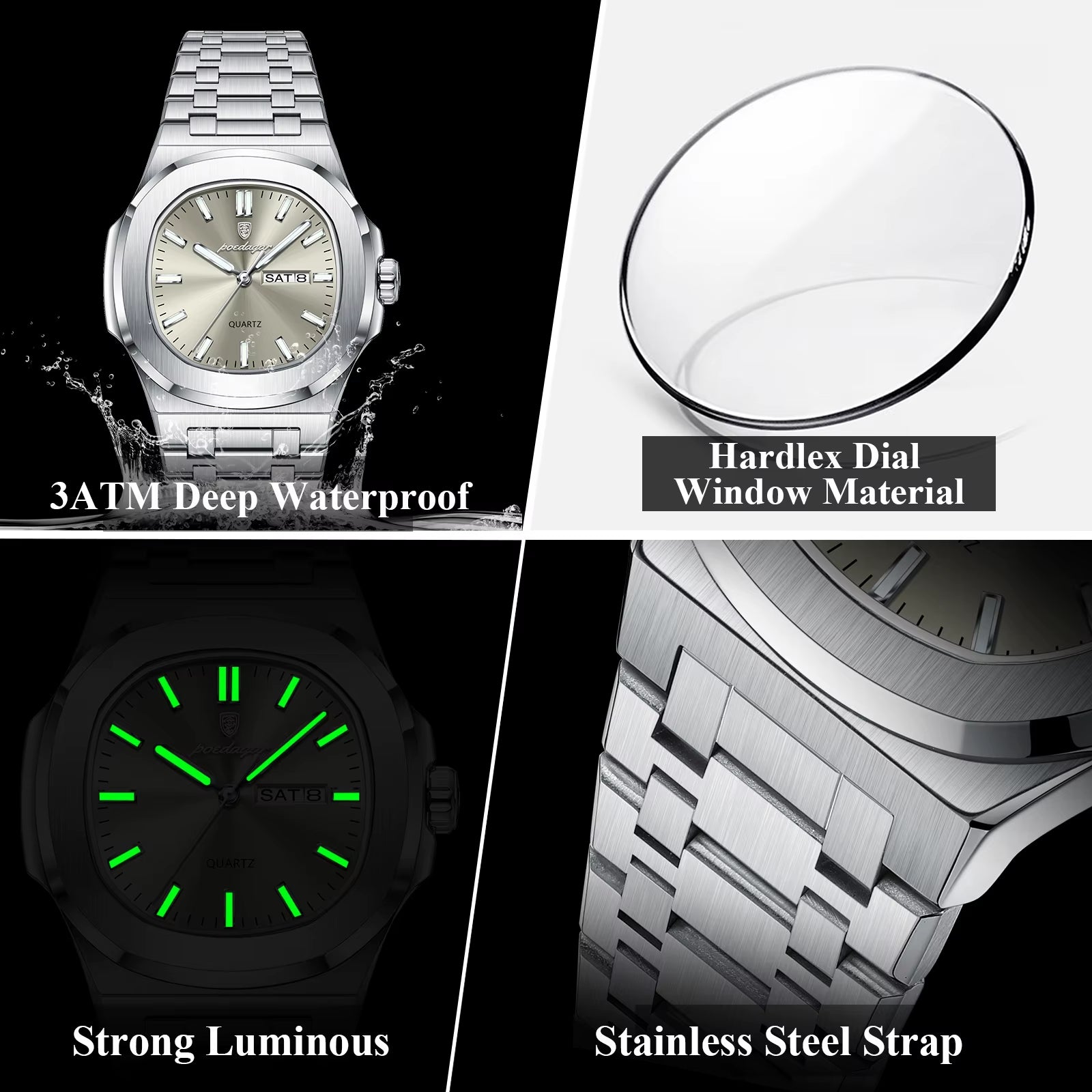 Fashion Square Men Clock Waterproof Luminous Date Week Man Wristwatch High Quality Stainless Steel Quartz Men'S Watches