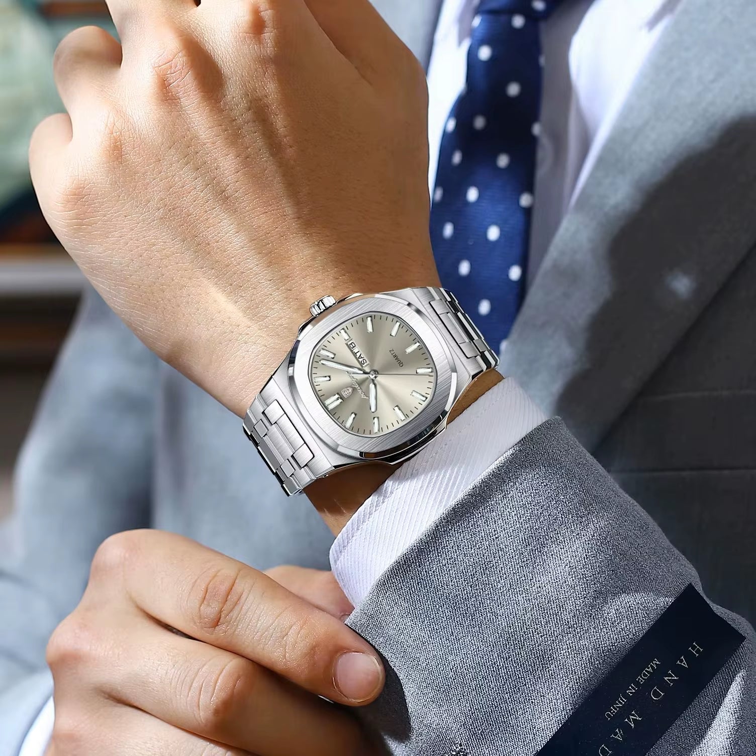 Fashion Square Men Clock Waterproof Luminous Date Week Man Wristwatch High Quality Stainless Steel Quartz Men'S Watches