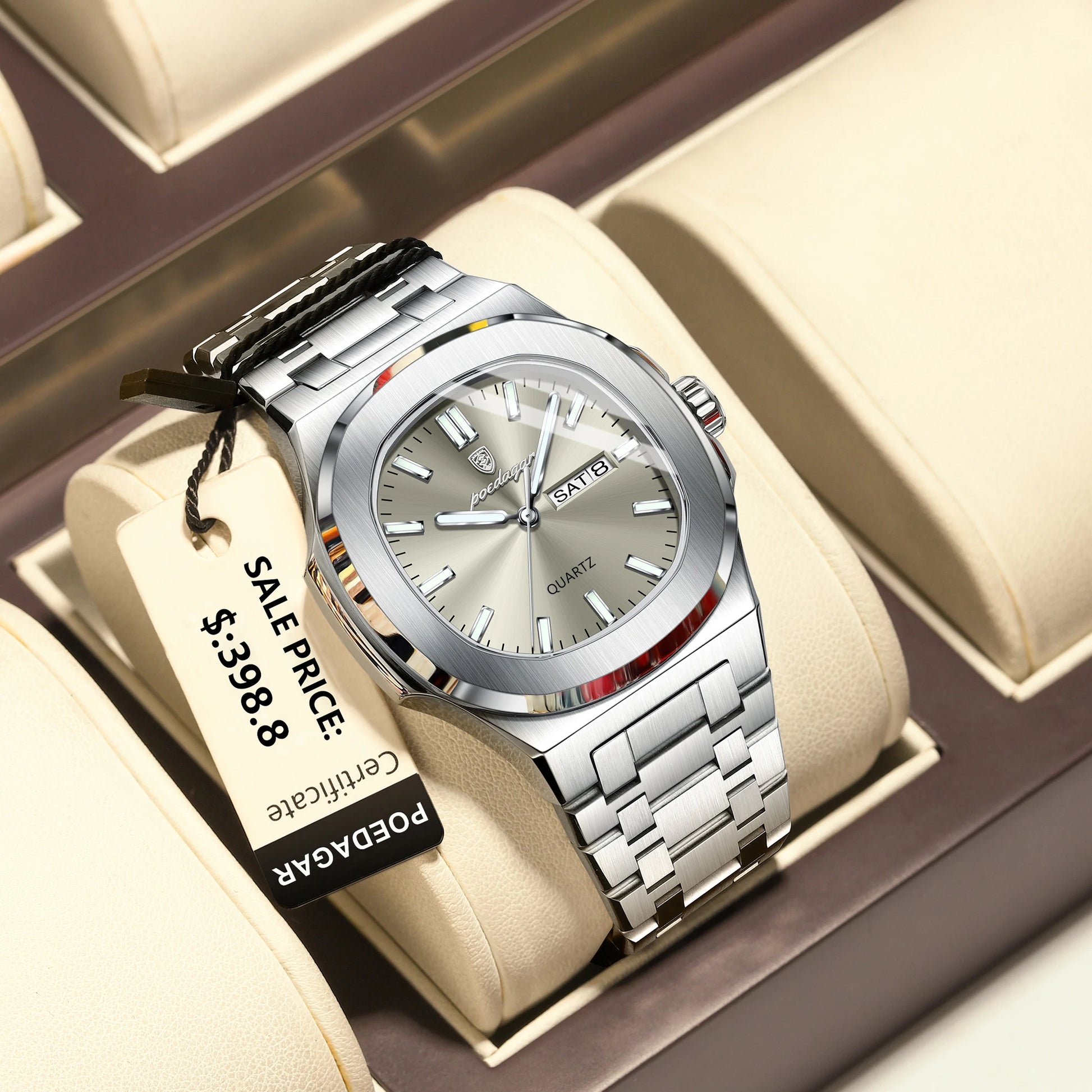 Fashion Square Men Clock Waterproof Luminous Date Week Man Wristwatch High Quality Stainless Steel Quartz Men'S Watches