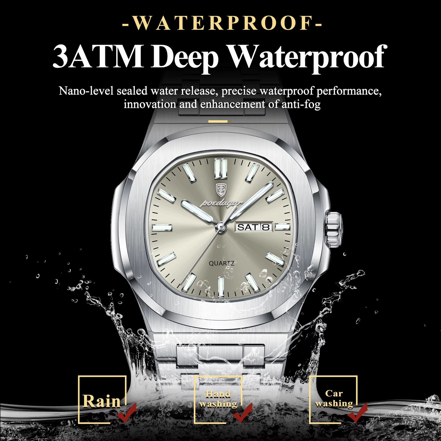 Fashion Square Men Clock Waterproof Luminous Date Week Man Wristwatch High Quality Stainless Steel Quartz Men'S Watches