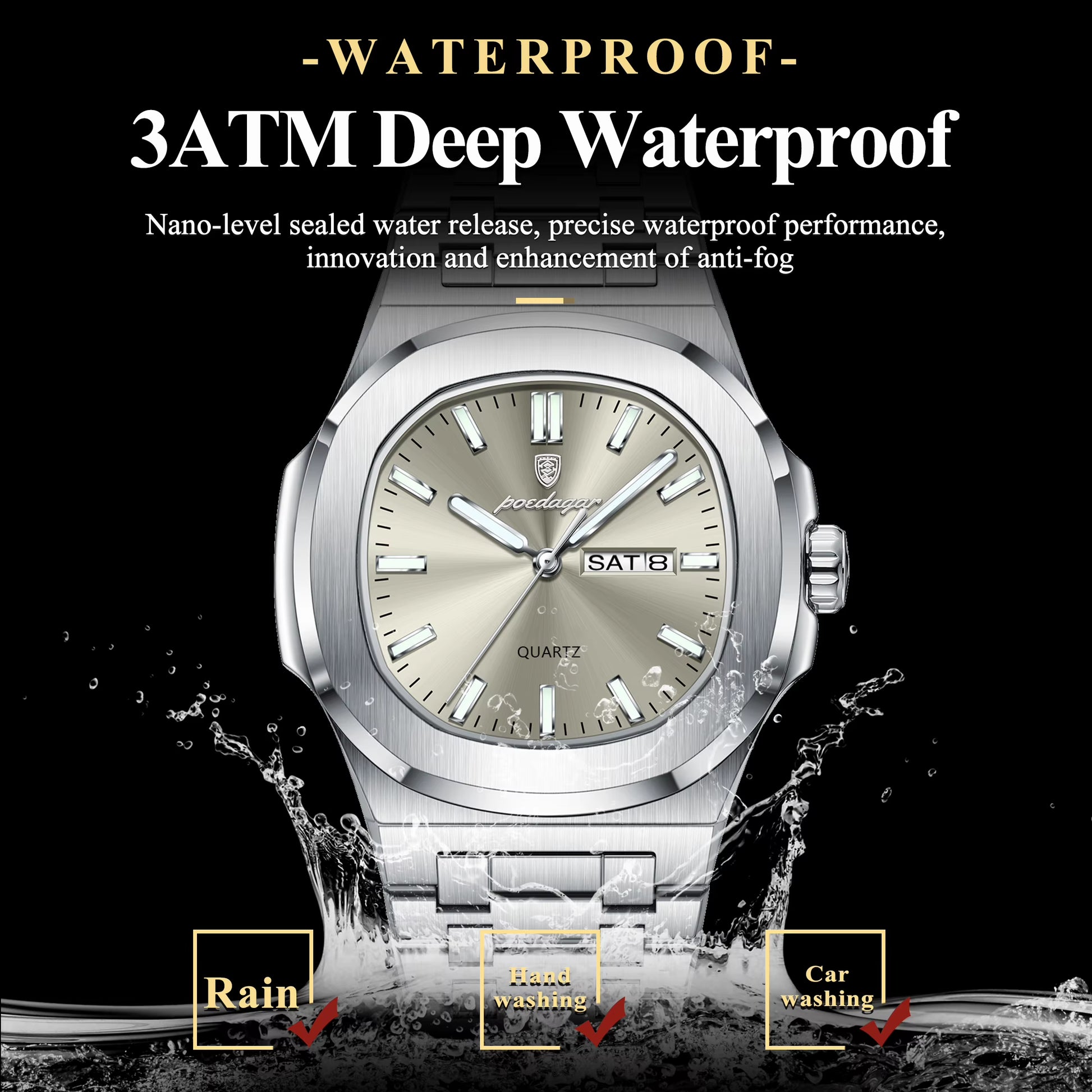 Fashion Square Men Clock Waterproof Luminous Date Week Man Wristwatch High Quality Stainless Steel Quartz Men'S Watches