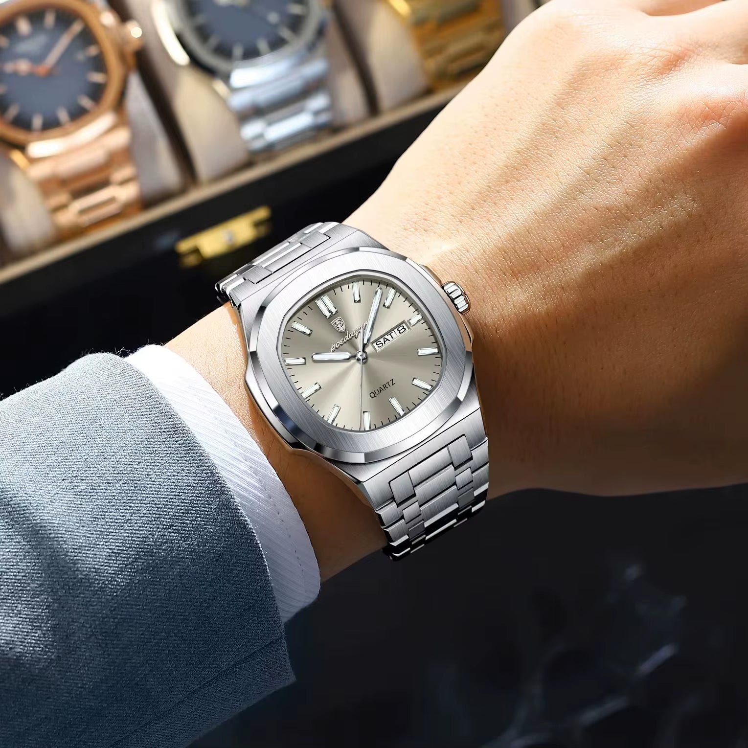 Fashion Square Men Clock Waterproof Luminous Date Week Man Wristwatch High Quality Stainless Steel Quartz Men'S Watches